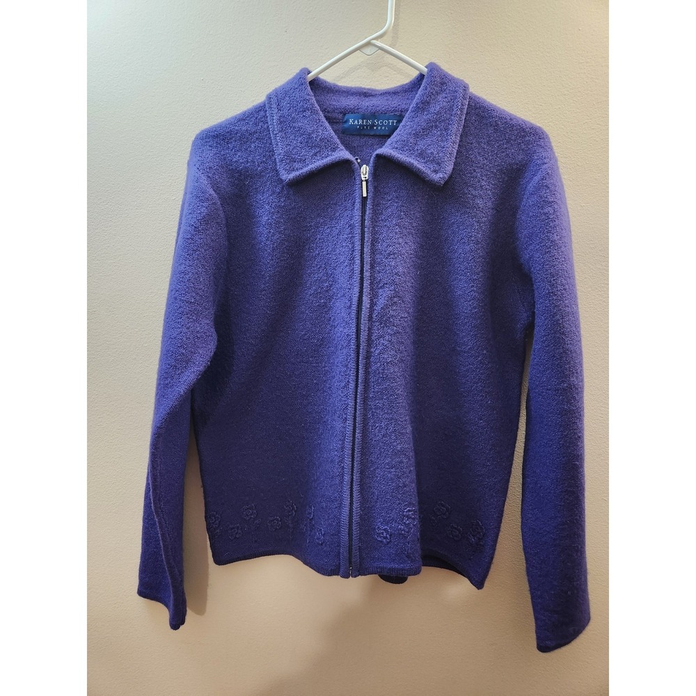 Vintage‎ Karen Scott Pure Wool Purple Cardigan Embroidered Cottagecore Size M